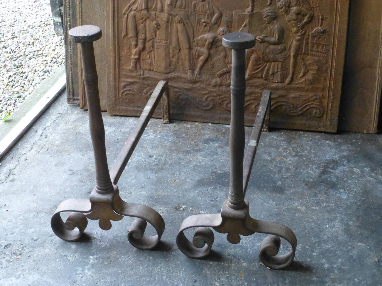 Forged 19th Century Large French Andirons, Firedogs