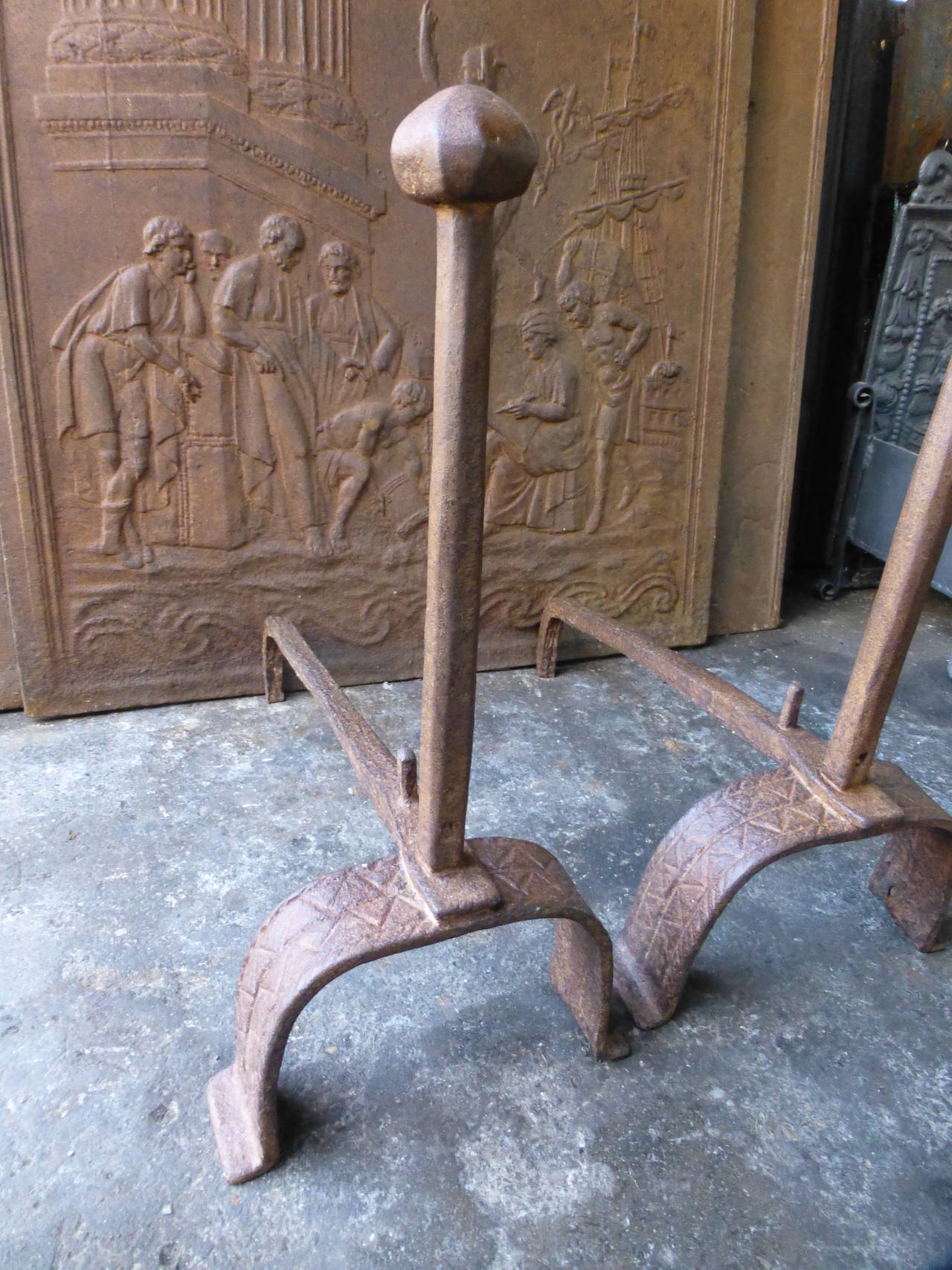Forged 17th Century Gothic Andirons, Firedogs