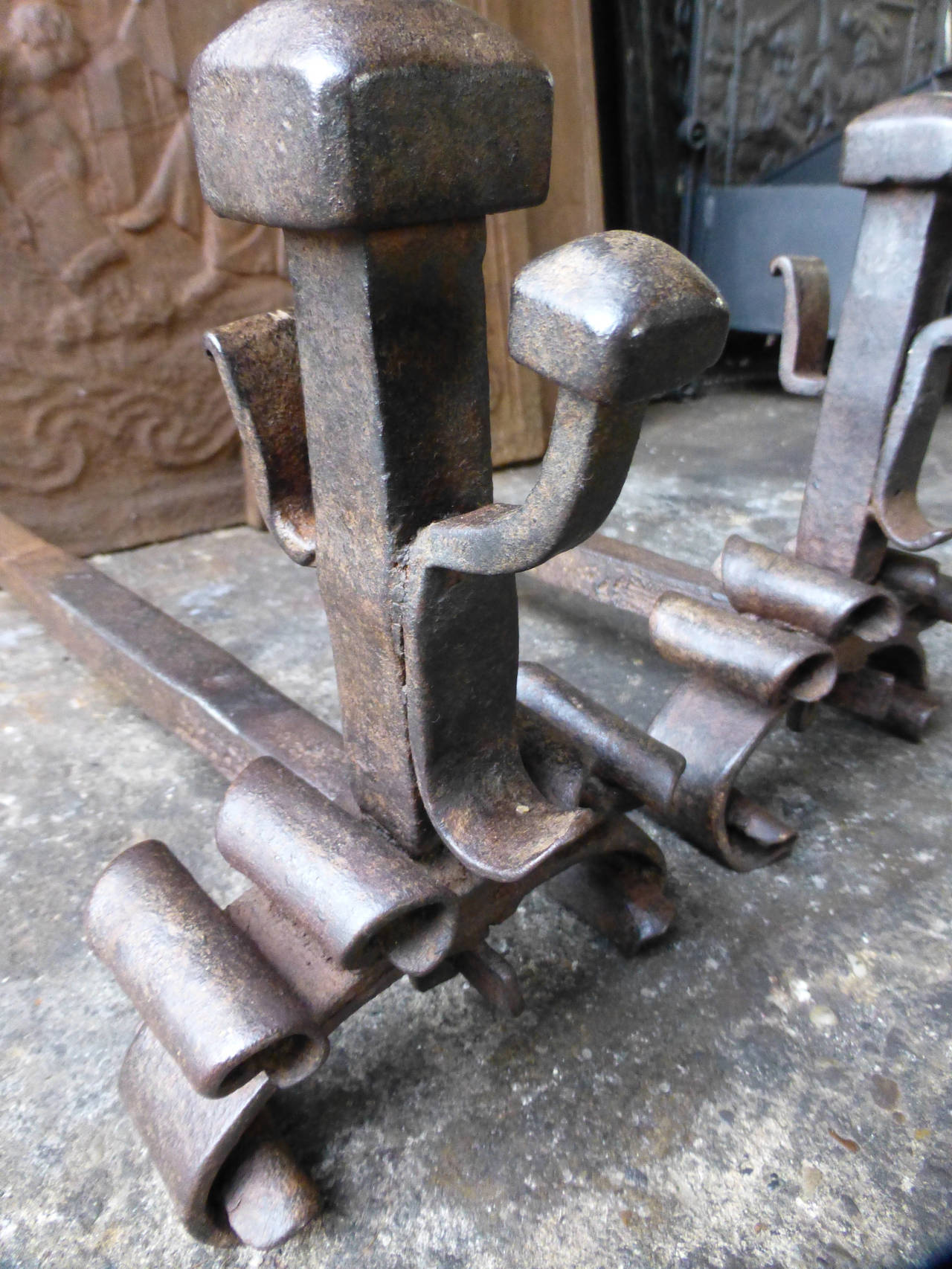 Forged 18th Century French Andirons, Firedogs