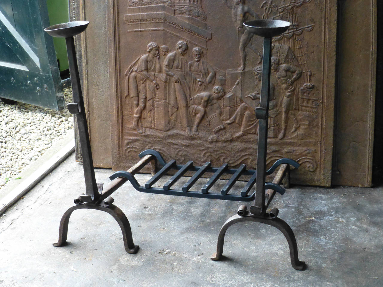 18th Century Large Wrought Iron Cupdogs, Andirons 2