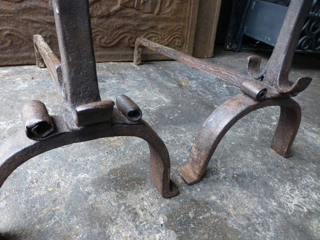 Forged 18th Century Large Wrought Iron Cupdogs, Andirons