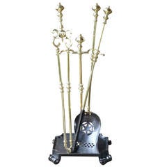 Antique 19th Century Brass Fireplace Tool Set and Stand