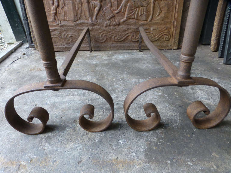 Wrought Iron 20th C. French Andirons, Firedogs For Sale