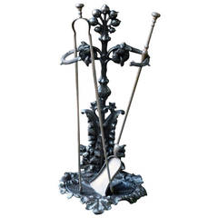 Antique 19th Century French Fireplace Tool Set and Stand