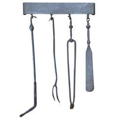 Antique 18/19th Century Fireplace Tool Set and Hanger