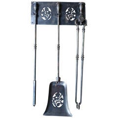 19th Century Polished Steel Fireplace Tool Set and Hanger