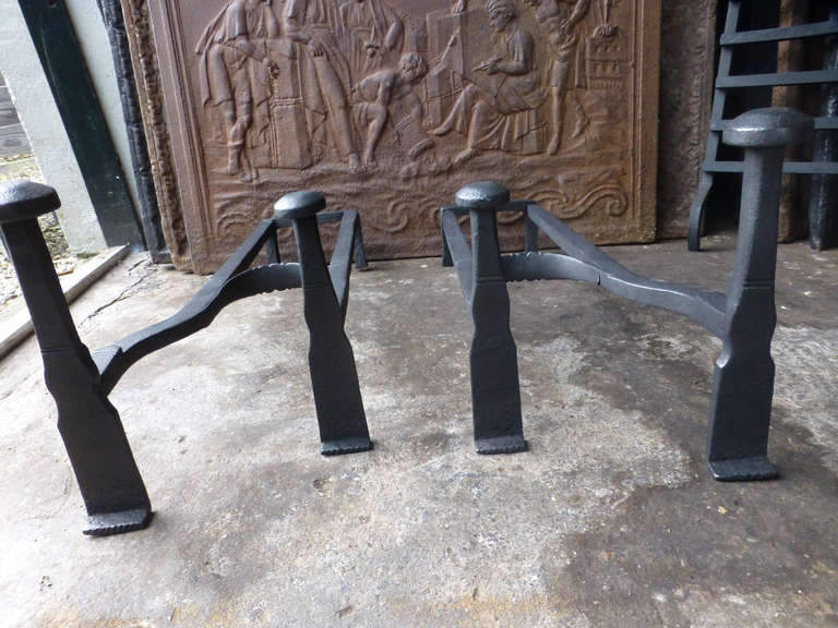Wrought Iron 18/19th C. Antique French Andirons, Firedogs