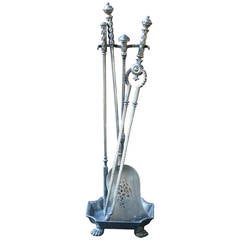 Antique 19th Century Polished Steel Fireplace Tool Set and Stand