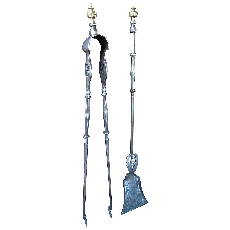 19th Century English Victorian Polished Steel Fireplace Tool Set For Sale
