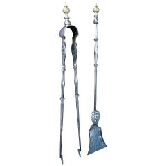 19th Century English Victorian Polished Steel Fireplace Tool Set
