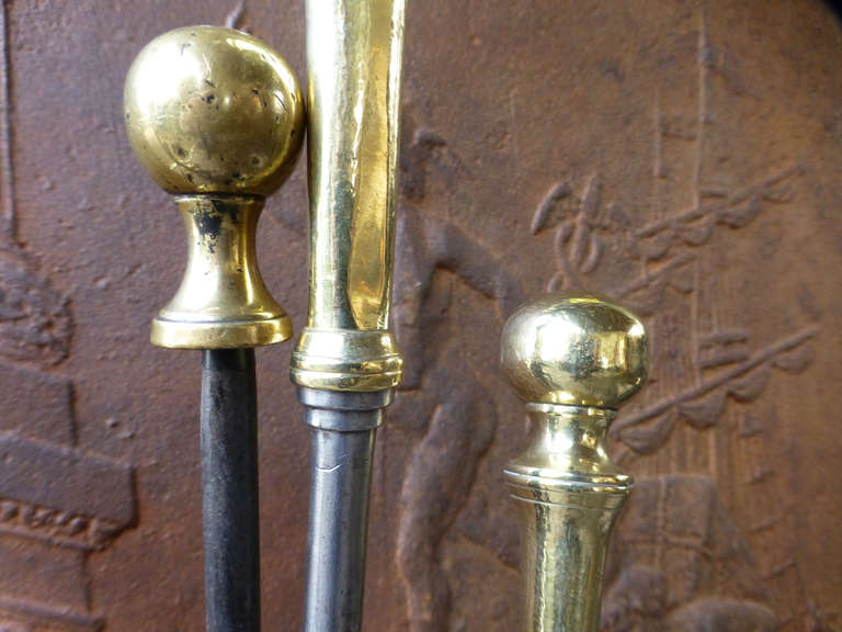 19th c Polished Steel and Brass Fireplace Tool Set and