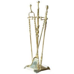 Antique 19th Century French Brass Fireplace Tool Set and Stand