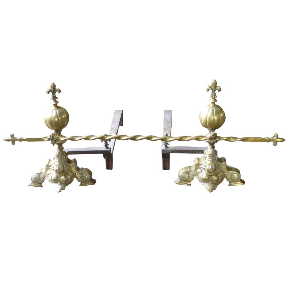 Antique French Louis XIV Style Andirons, Firedogs, 19th Century For Sale