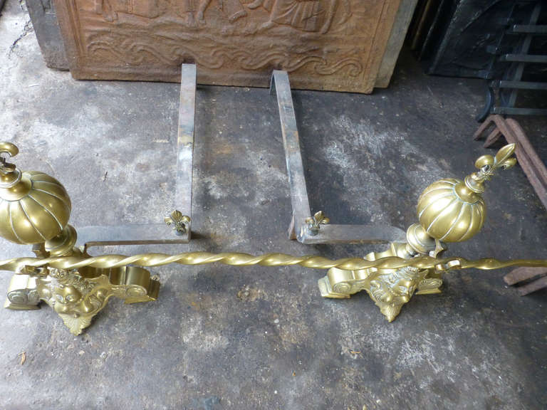 Antique French Louis XIV Style Andirons, Firedogs, 19th Century In Good Condition For Sale In Amerongen, NL