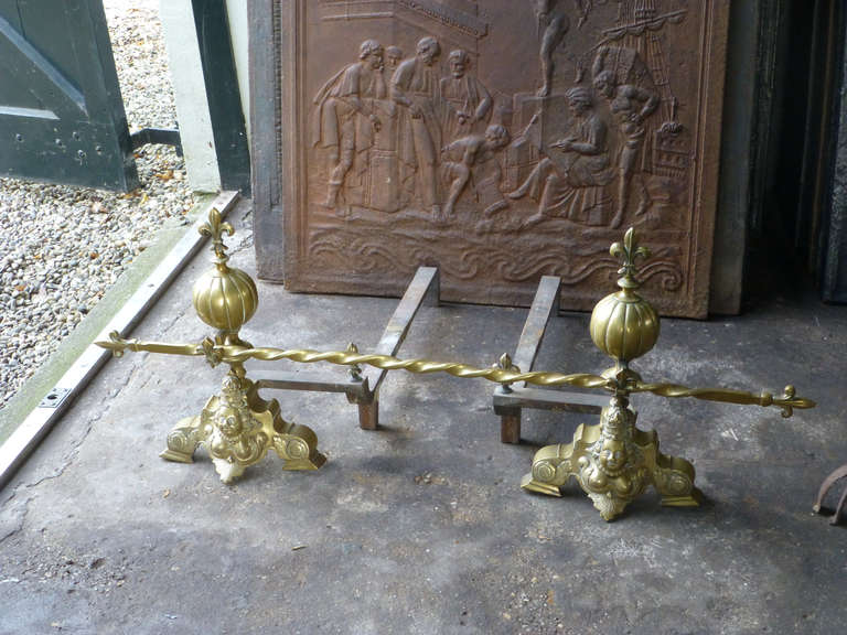 Brass Antique French Louis XIV Style Andirons, Firedogs, 19th Century For Sale