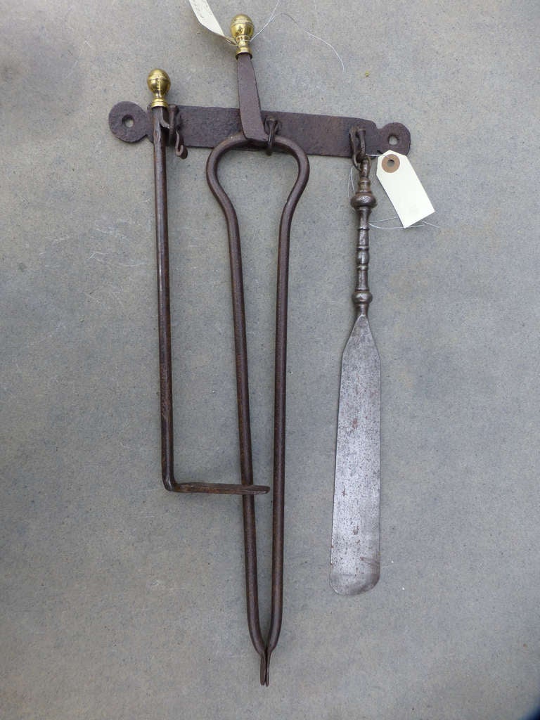 18th C. Fireplace Tools Set and Hanger