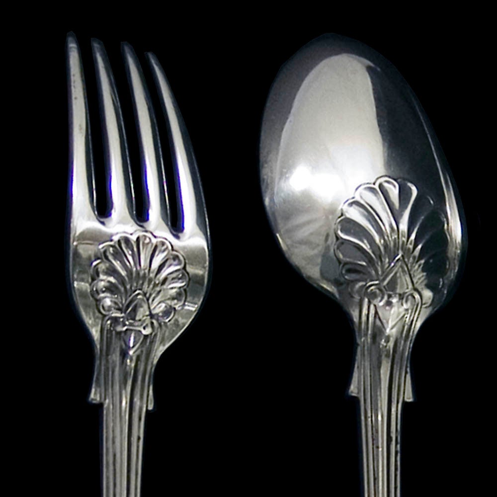 19th Century Antique English Silver Fiddle Thread & Shell Flatware For Sale