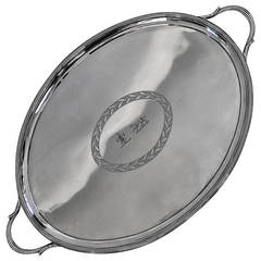 English Georgian Silver Two Handled Tray with Engraved Cartouche, London, 1800
