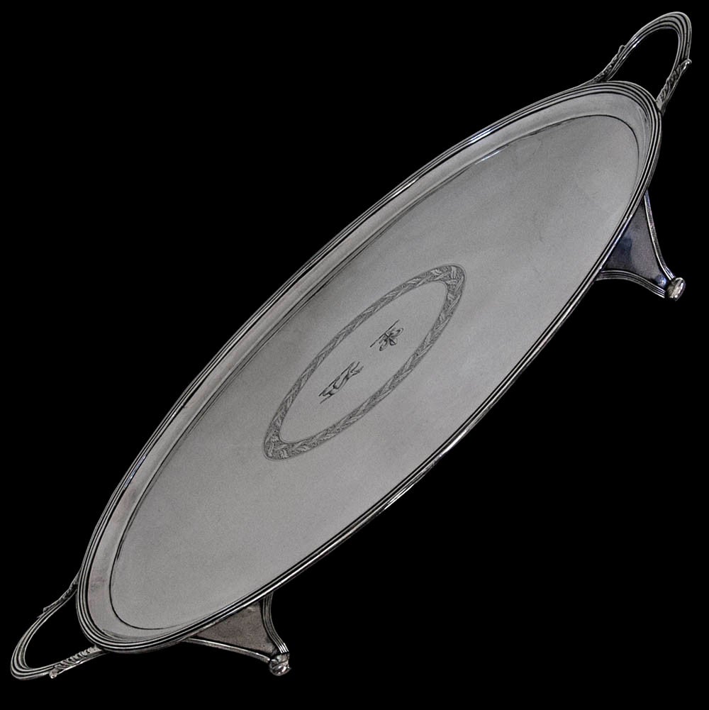 English Georgian Silver Two Handled Tray with Engraved Cartouche, London, 1800