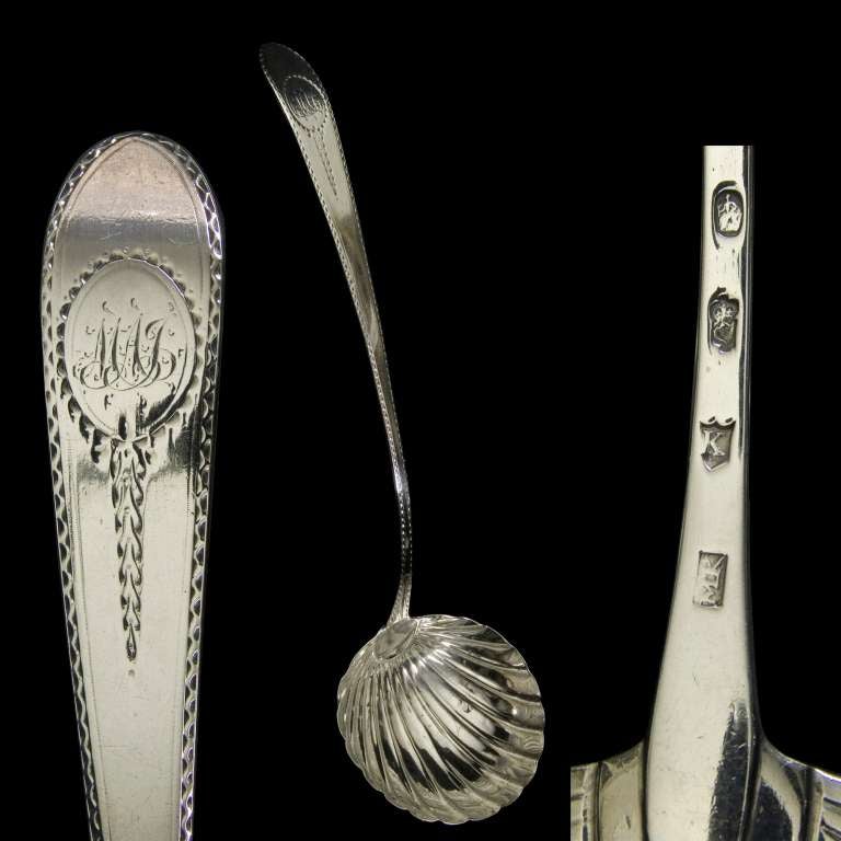 A good shell bowled soup ladle of Irish Pointed Old English Pattern(sometimes called Celtic Point)The handle decorated with bright cutting and engraved with original monogram.