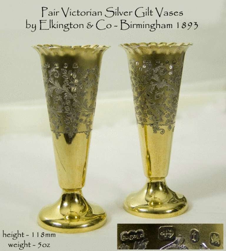19th Century Pair Antique Silver-gilt Vases For Sale