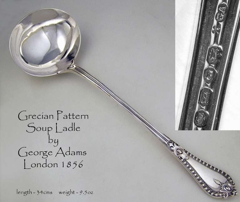 A good example of a Grecian Pattern soup ladle from the Chawner Company <br />
<br />
Signed, Inscribed, Dated: London, 1856 by George Adams  <br />
<br />
George Adams, London (1840-1883)