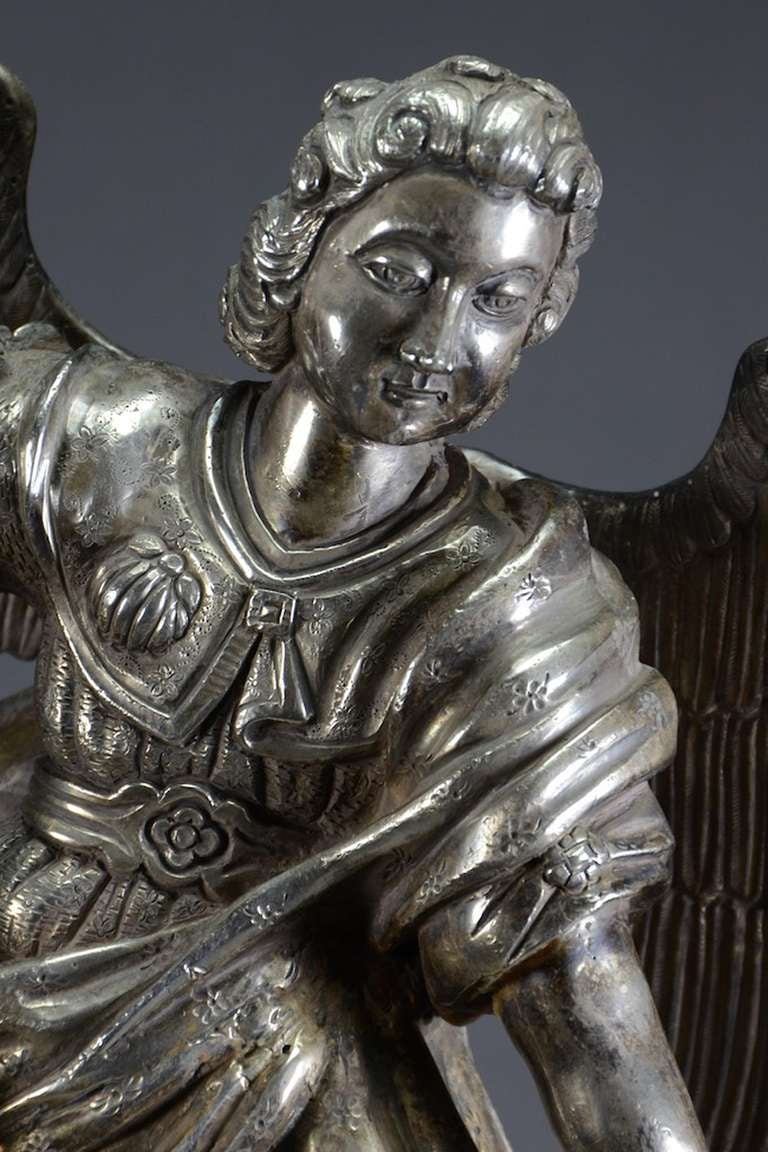 Spanish Colonial Silver Statue of St. Michael the Archangel In Excellent Condition In Santa Fe, NM