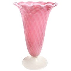 Murano Opal Pink, White and Gold Flecks Quilted Italian Art Glass Flower Vase