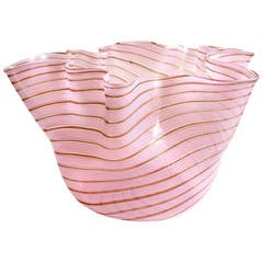 Dino Martens Murano Pink Aventurine Ribbons Italian Art Glass Fazzoletto Vase