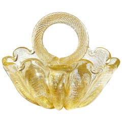 Ercole Barovier Toso Murano Gold Flecks Italian Art Glass Flower Basket Vase