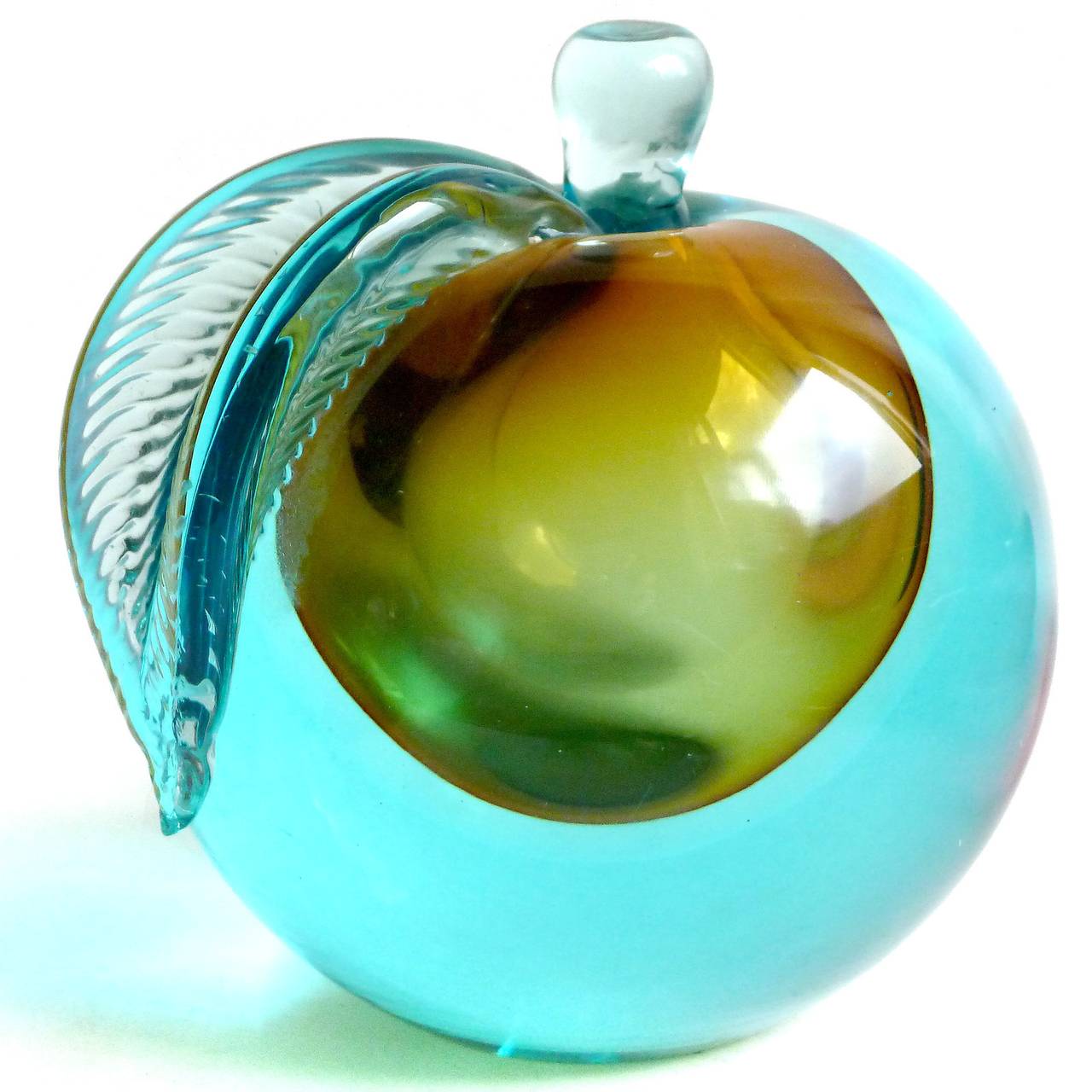 Alfredo Barbini Murano Sommerso Orange Blue Italian Art Glass Fruit