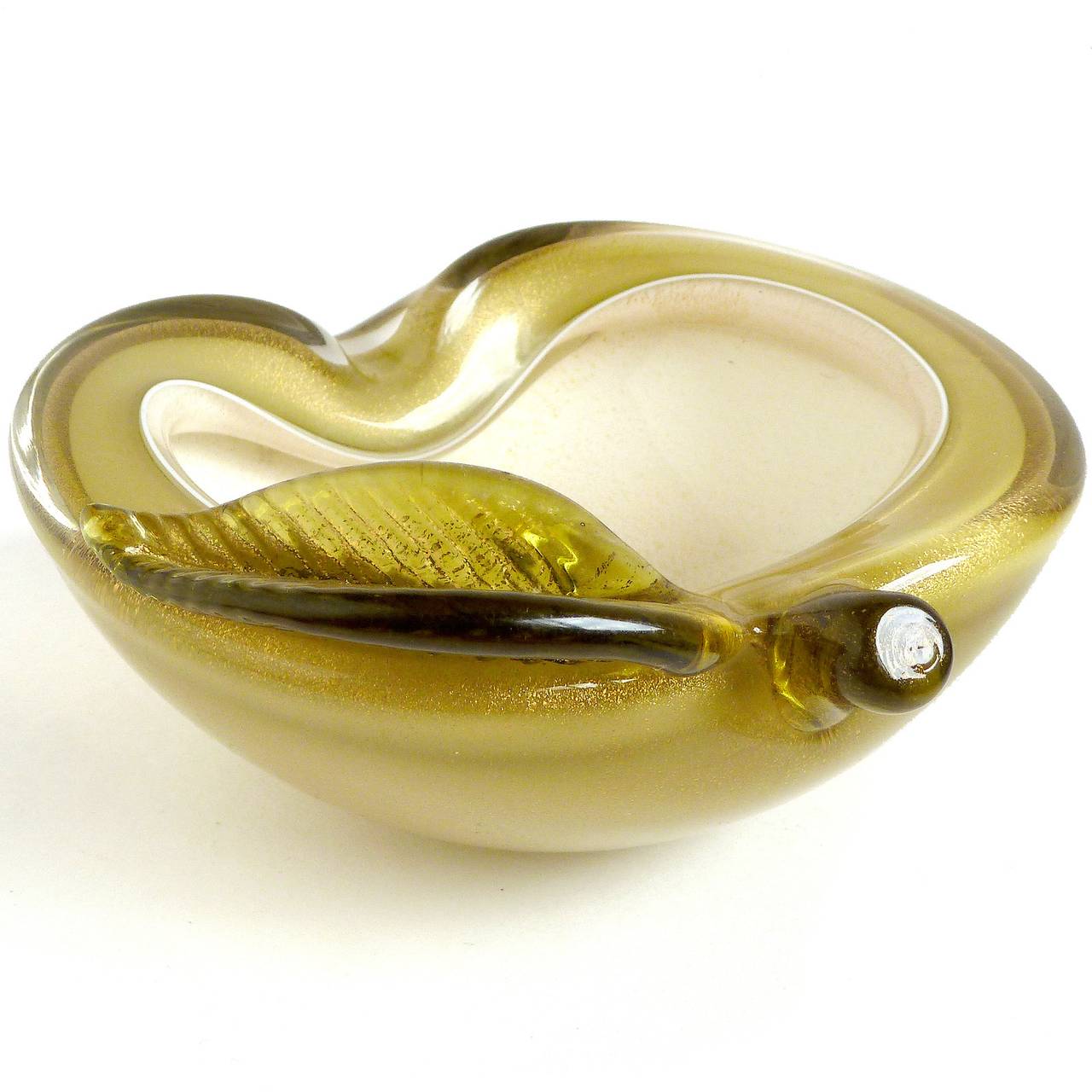 Mid-Century Modern Alfredo Barbini Murano Green Apple Pear Gold Flecks Italian Art Glass Bowls