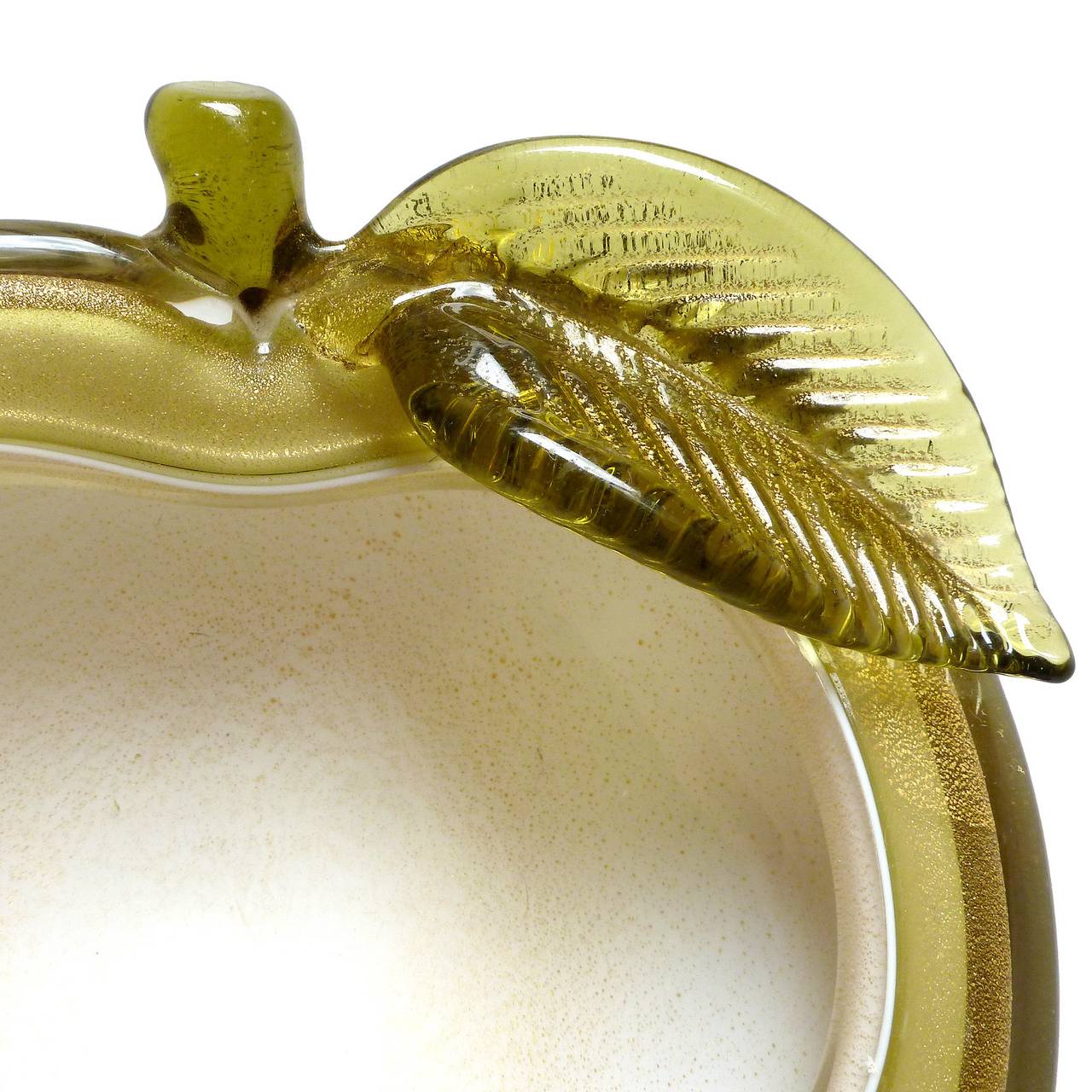 Hand-Crafted Alfredo Barbini Murano Green Apple Pear Gold Flecks Italian Art Glass Bowls