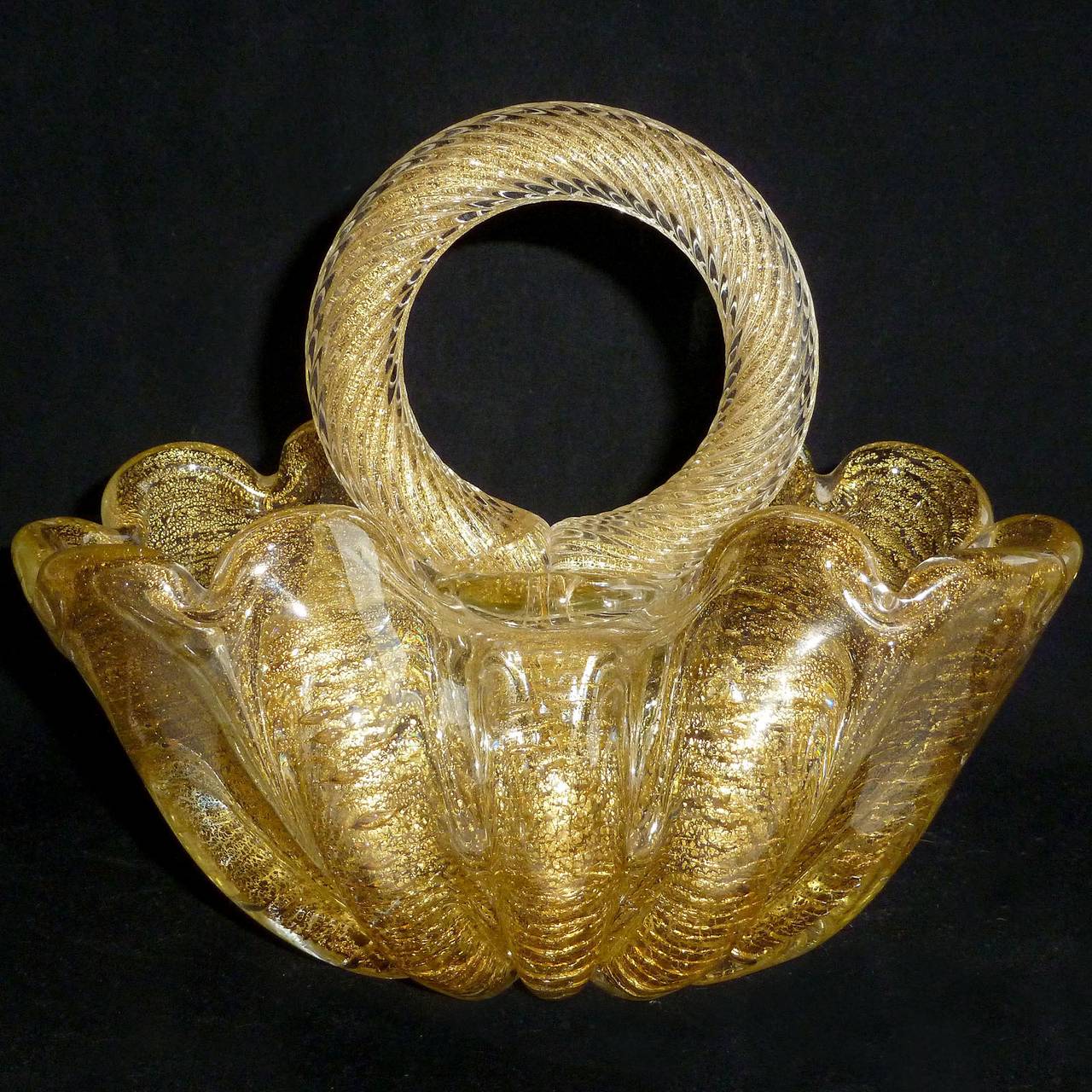 Mid-Century Modern Ercole Barovier Toso Murano Gold Flecks Italian Art Glass Flower Basket Vase