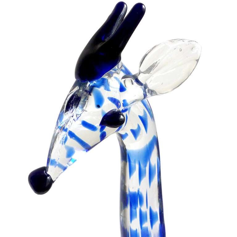 Murano Hand Blown Cobalt Spots Art Glass Giraffe Animal Sculpture. Attributed to Ercole Barovier for Vetreria Artistica Barovier & C., circa 1930s. The piece has a ribbed design and the cobalt blue spots are applied on top. It is very large at 14