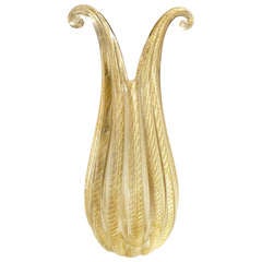 Ercole Barovier Murano Gold Flecks Ribbed Flared Rim Italian Art Glass Flower Vase