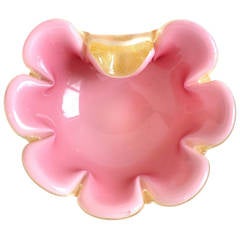 Archimede Seguso Murano Pink Gold Flecks Italian Art Glass Flower Bowl