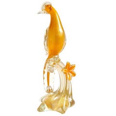 Barbini Murano Or Orange Oiseau de Paradis Sculpture de faisan en verre d'art italien