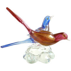 Aureliano Toso Murano Pink Blue Gold Italian Art Glass Courting Birds Sculpture