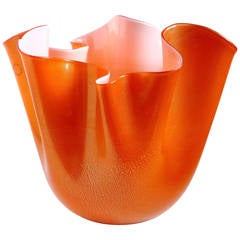 Venini Murano Orange White Gold Italian Art Glass Fazzoletto Flower Vase