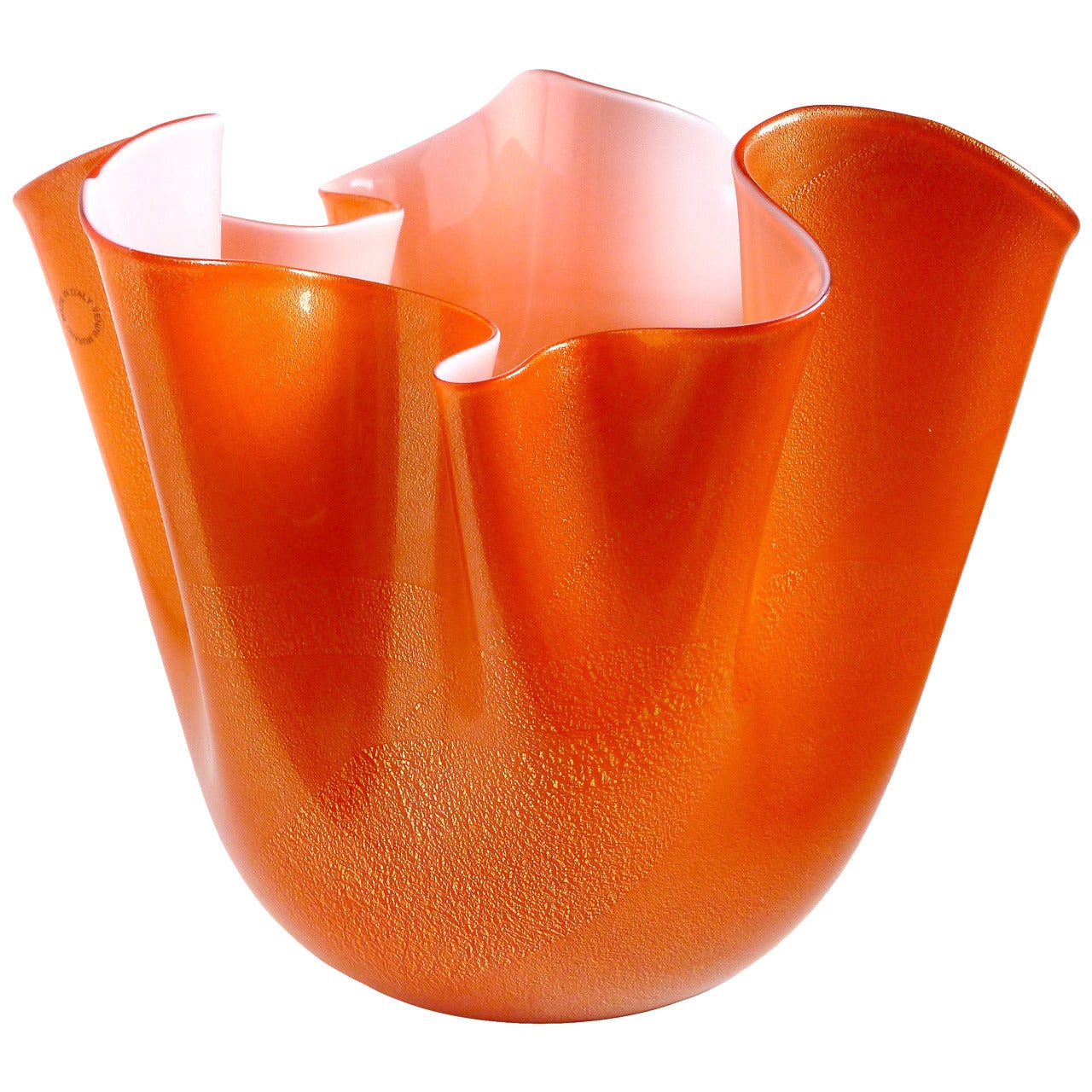 Venini Murano Orange White Gold Italian Art Glass Fazzoletto Flower Vase