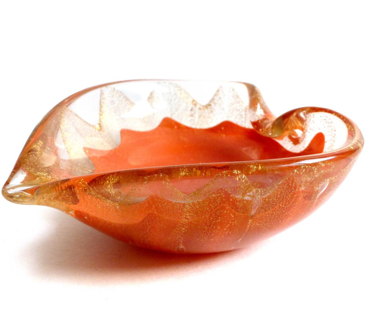 Salviati Murano Orange Gold Flecks Heart Stars Italian Art Glass Ring Bowls
