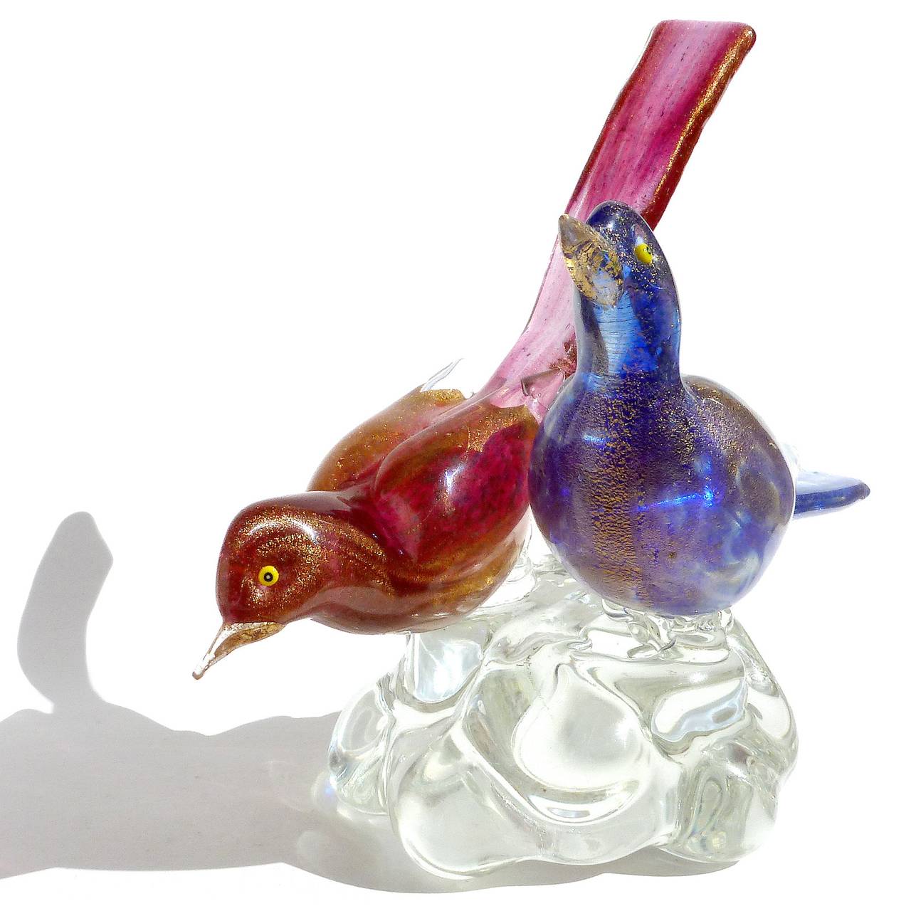 Aureliano Toso Murano Pink Blue Gold Italian Art Glass Courting Birds Sculpture In Excellent Condition In Kissimmee, FL