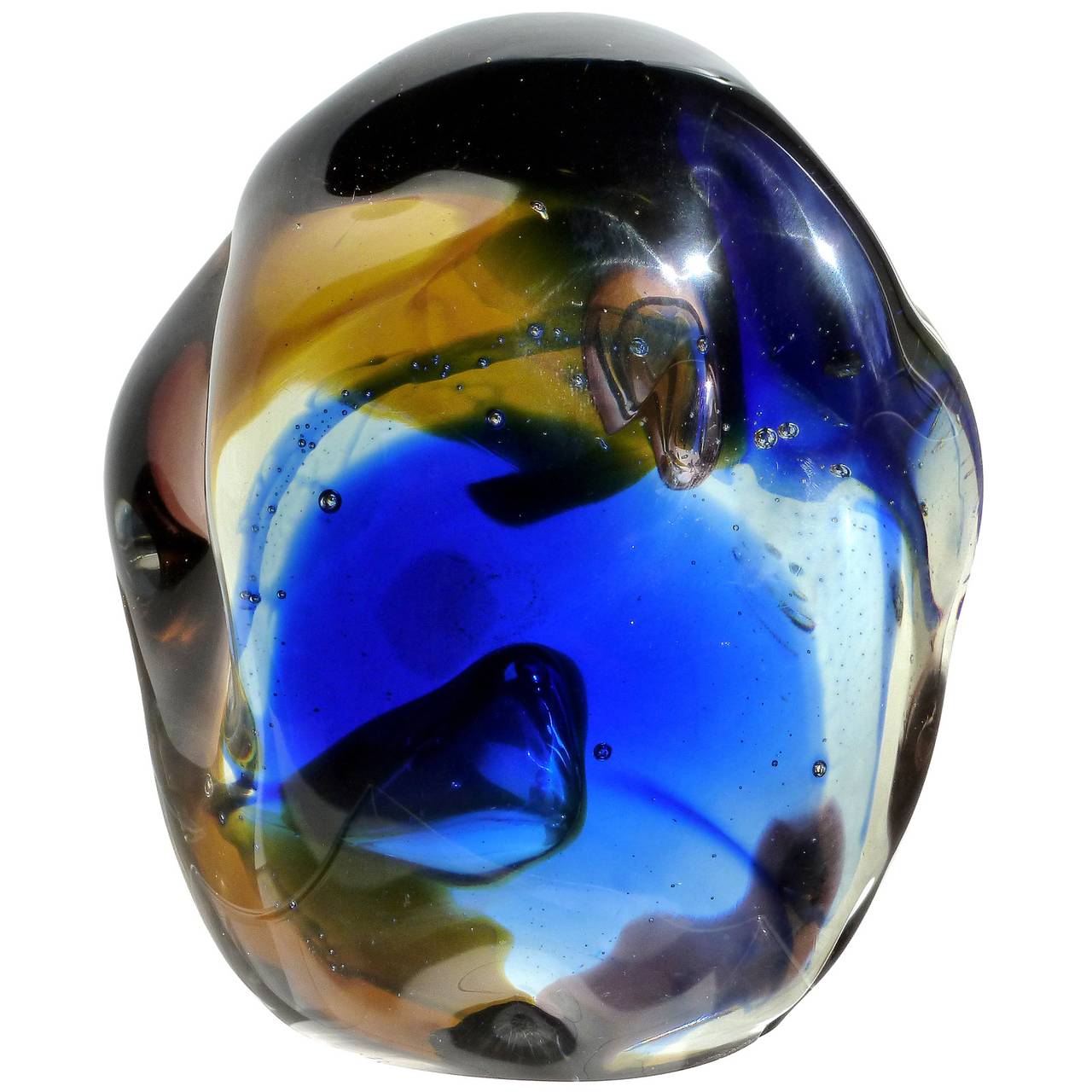 FREE Shipping Worldwide! See details below description.

Rare, large and heavy Murano hand blown biomophic orange, amethyst, and cobalt blue art glass rock shaped sculpture. Documented to the Salviati company, signed 