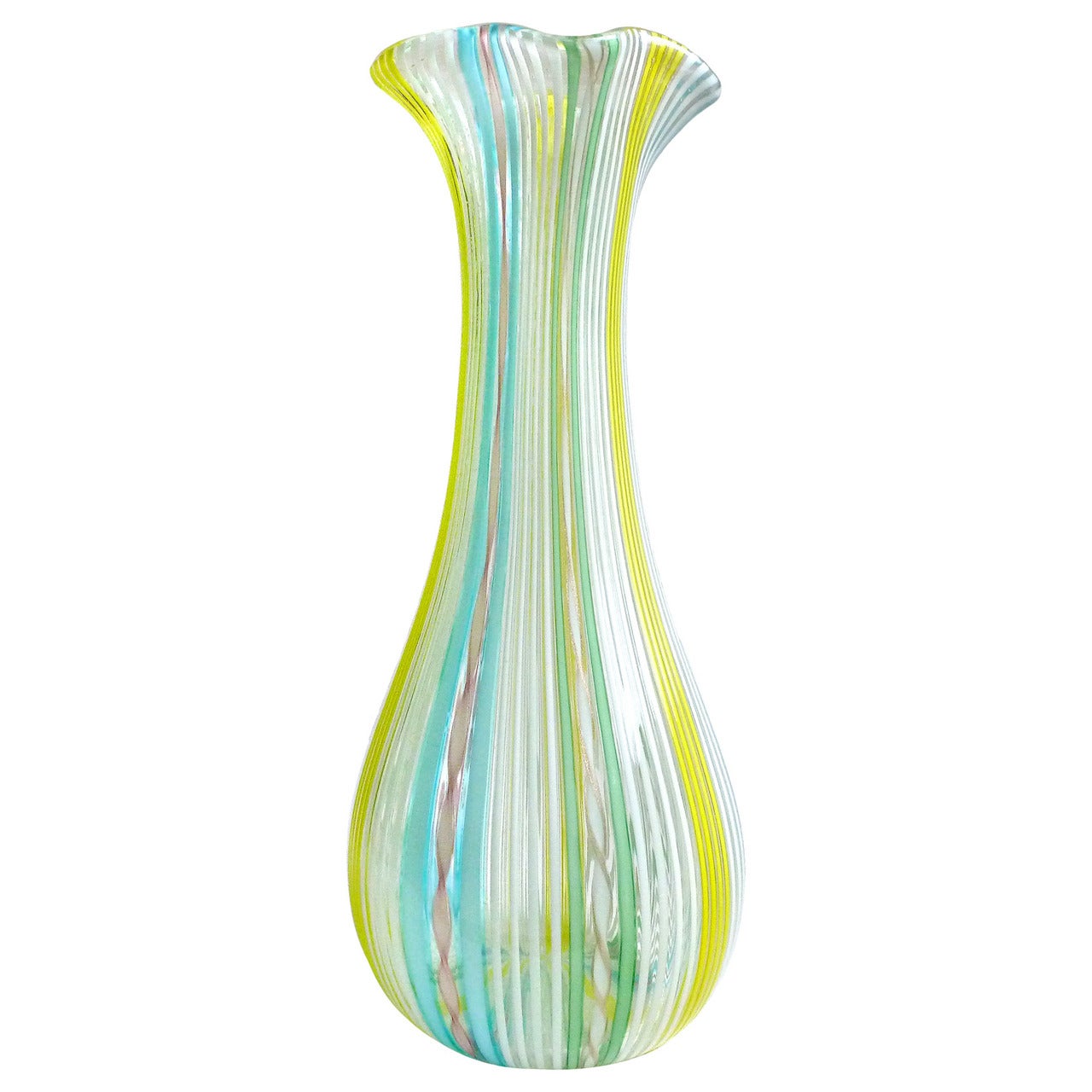 Dino Martens Aureliano Toso Murano Rainbow Ribbon Italian Art Glass Flower Vase