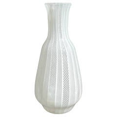 Murano White Tight Net Zanfirico Ribbons Italian Art Glass Flower Vase