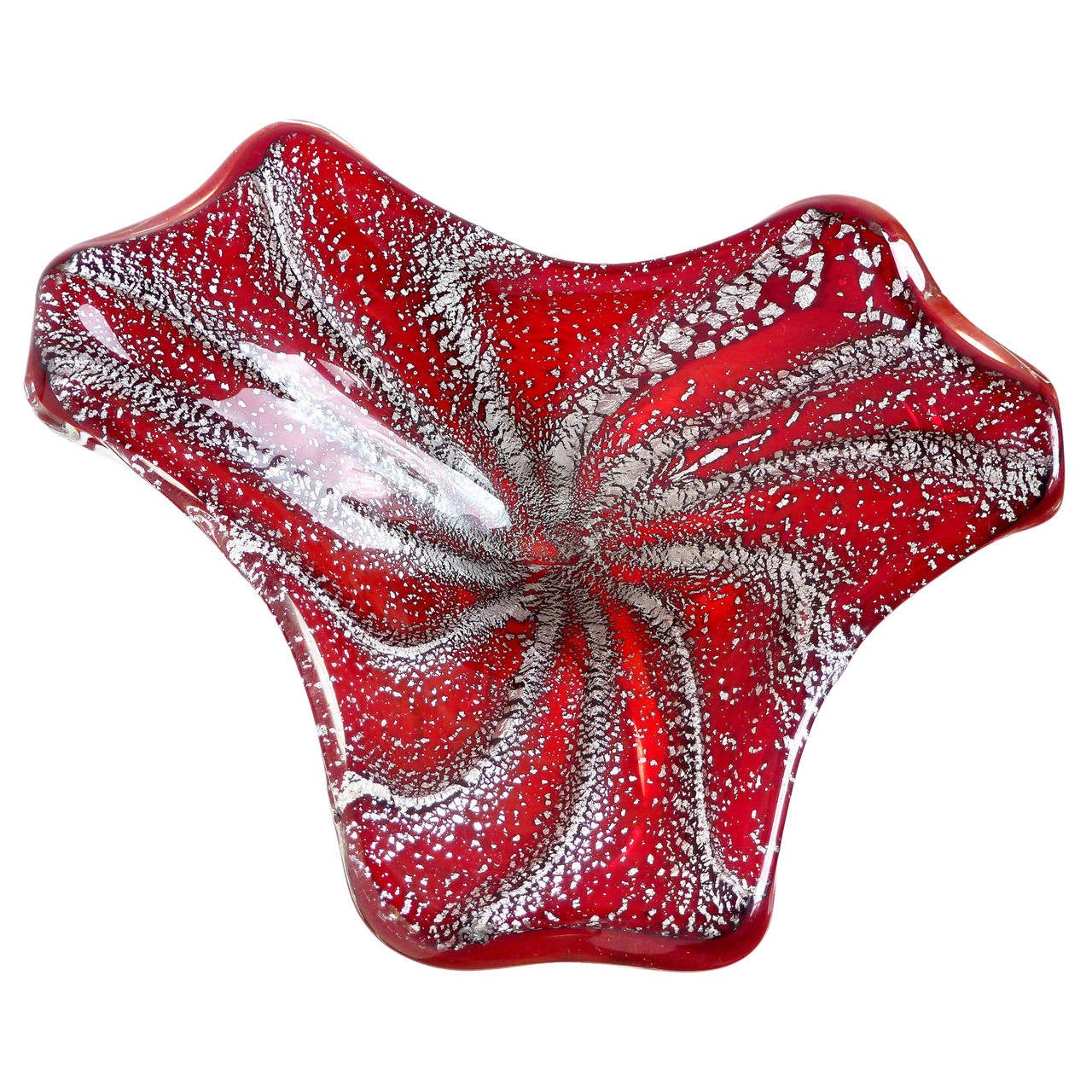Murano Deep Red Silver Flecks Vintage Italian Art Glass Decorative Bowl