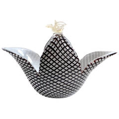 Dino Martens Murano Black Roticello Diamond Italian Art Glass Flower Basket Vase