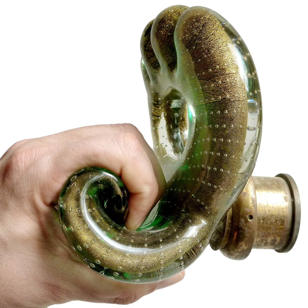 FREE Shipping Worldwide! See details below description.

Rare Antique Murano Hand Blown Green, Gold Flecks and Controlled Bubbles Art Glass Ornate Door Handle with Original Label. Attributed to designer Flavio Poli for Seguso Vetri D' Arte. It has