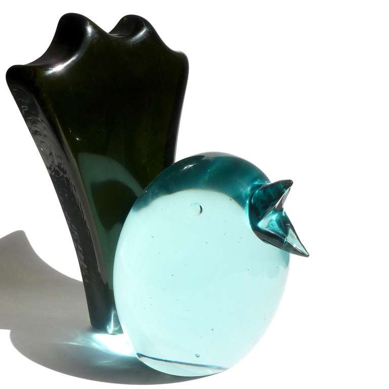 Salviati Murano Sommerso Aqua Blue Italian Art Glass Bird Bookend Sculptures In Good Condition In Kissimmee, FL